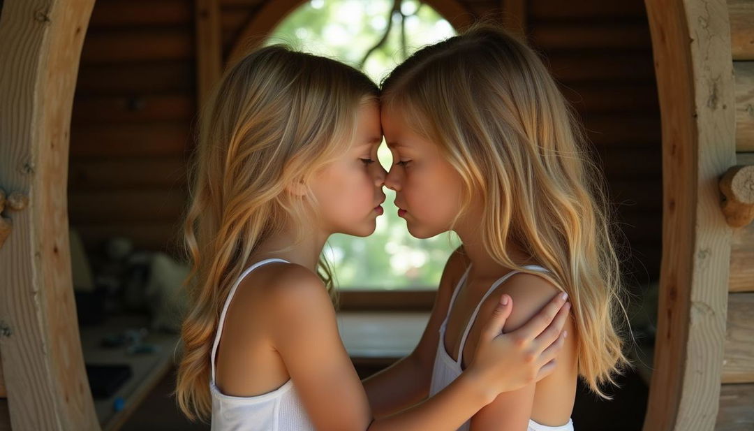 A tender photograph of two tween girls with thin builds and blonde hair, facing each other closely in a cozy tree house