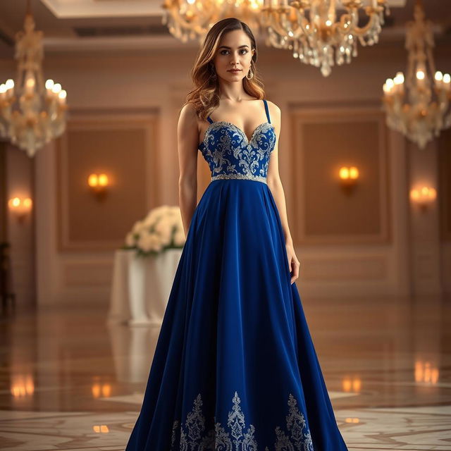 A beautiful woman wearing an elegant evening dress that flows gracefully down to the floor