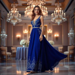 A beautiful woman wearing an elegant evening dress that flows gracefully down to the floor