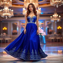 A beautiful woman wearing an elegant evening dress that flows gracefully down to the floor