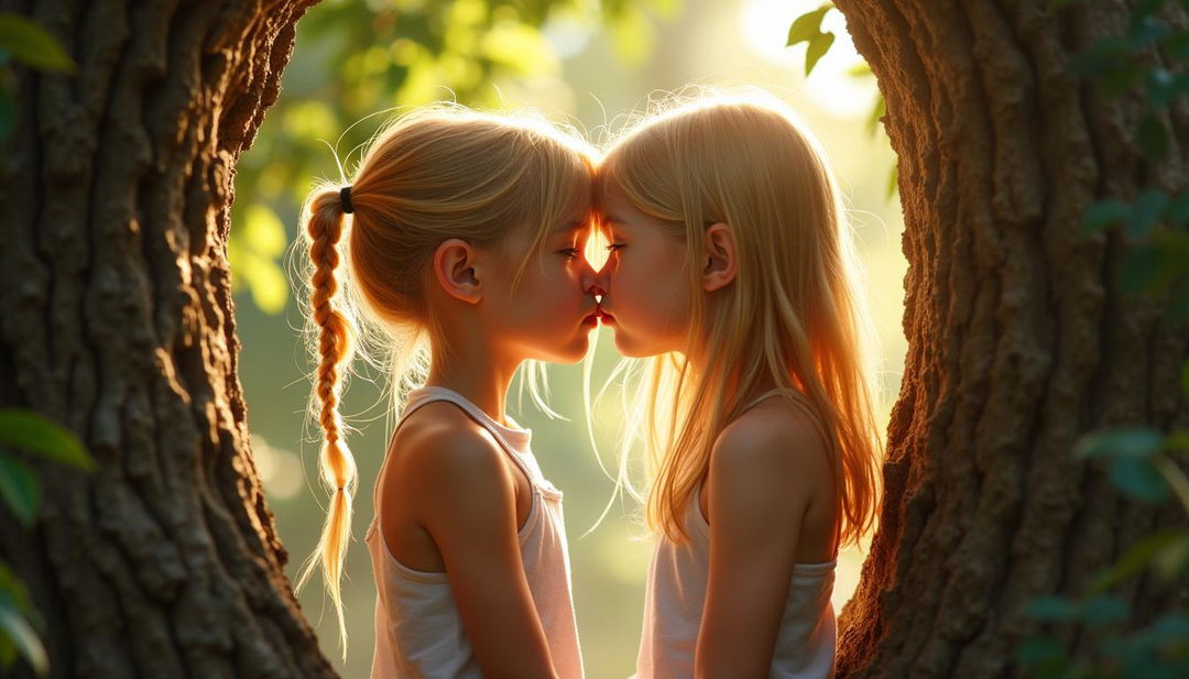 A heartwarming image of two tween girls with thin builds and blonde hair, facing each other in a tree house