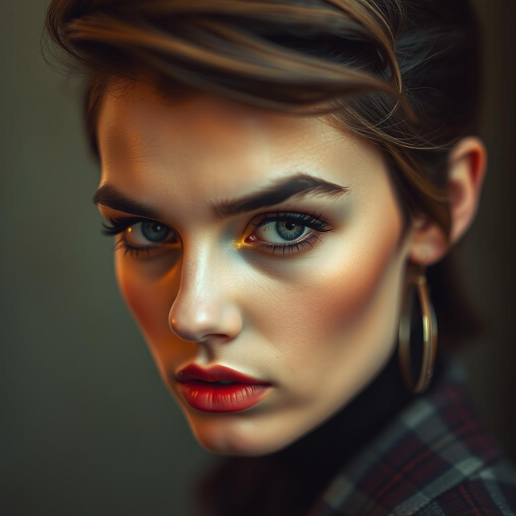 A cropped image focusing on the right side of the face of a stylish person, with vibrant colors and a blurred background, showcasing their expressive eyes and a stylish hairstyle, giving a sense of mystery and allure