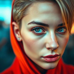 A cropped image focusing on the right side of the face of a stylish person, with vibrant colors and a blurred background, showcasing their expressive eyes and a stylish hairstyle, giving a sense of mystery and allure