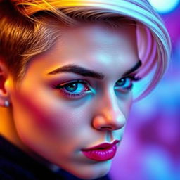 A cropped image focusing on the right side of the face of a stylish person, with vibrant colors and a blurred background, showcasing their expressive eyes and a stylish hairstyle, giving a sense of mystery and allure