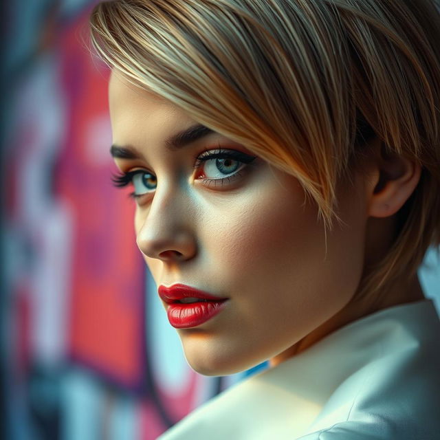 A cropped image focusing on the right side of the face of a stylish person, with vibrant colors and a blurred background, showcasing their expressive eyes and a stylish hairstyle, giving a sense of mystery and allure