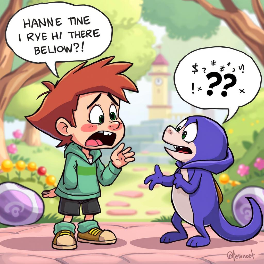 A cartoon character unable to communicate with their friend through sound, featuring expressive body language and exaggerated facial expressions to convey frustration and emotion