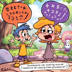 A cartoon character unable to communicate with their friend through sound, featuring expressive body language and exaggerated facial expressions to convey frustration and emotion