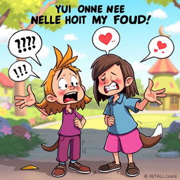 A cartoon character unable to communicate with their friend through sound, featuring expressive body language and exaggerated facial expressions to convey frustration and emotion