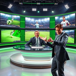 A vibrant and dynamic scene showcasing a football news studio