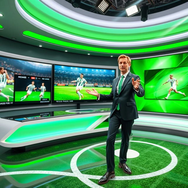 A vibrant and dynamic scene showcasing a football news studio