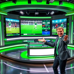 A vibrant and dynamic scene showcasing a football news studio