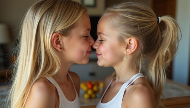 A charming photograph of two tween girls with blonde hair facing each other in a cozy house setting