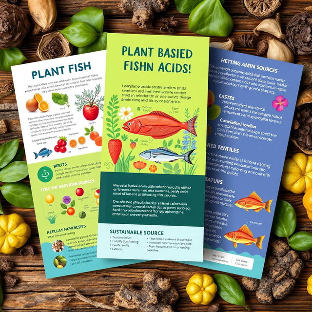 A vibrant and informative brochure design about plant-based fish amino acids, featuring colorful illustrations of various plants and fish, clearly highlighting the benefits of amino acids derived from plant sources