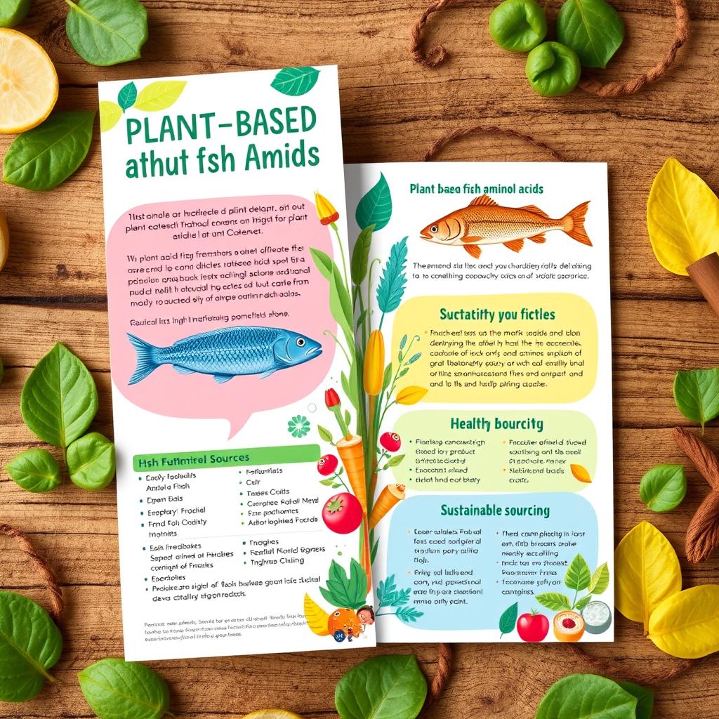 A vibrant and informative brochure design about plant-based fish amino acids, featuring colorful illustrations of various plants and fish, clearly highlighting the benefits of amino acids derived from plant sources