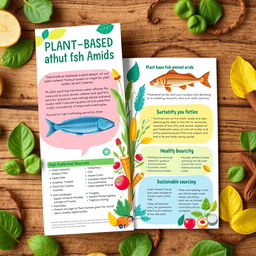 A vibrant and informative brochure design about plant-based fish amino acids, featuring colorful illustrations of various plants and fish, clearly highlighting the benefits of amino acids derived from plant sources