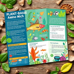 A vibrant and informative brochure design about plant-based fish amino acids, featuring colorful illustrations of various plants and fish, clearly highlighting the benefits of amino acids derived from plant sources