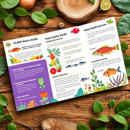 A vibrant and informative brochure design about plant-based fish amino acids, featuring colorful illustrations of various plants and fish, clearly highlighting the benefits of amino acids derived from plant sources