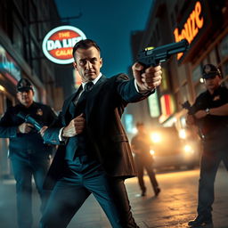 A tense scene depicting a man dressed in an elegant black suit, confidently wielding a handgun in a dramatic showdown with police officers