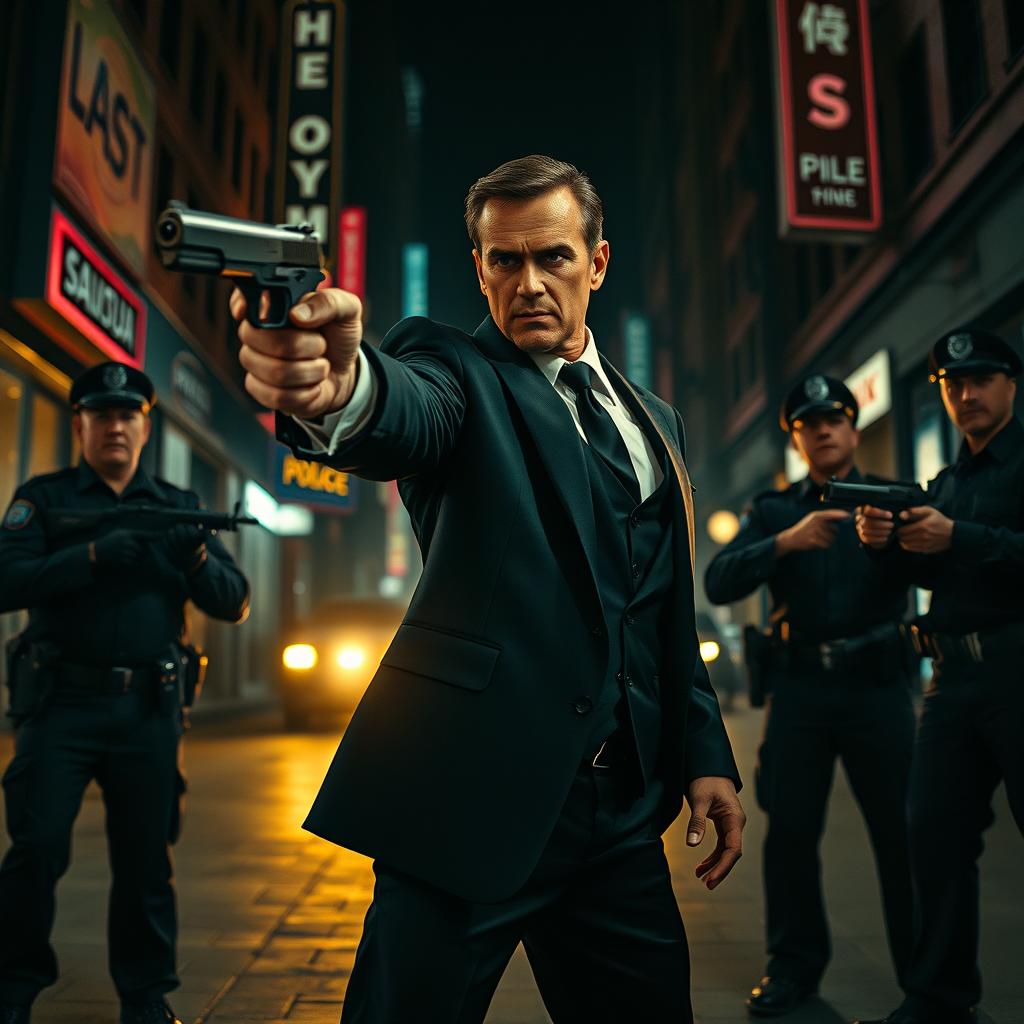 A tense scene depicting a man dressed in an elegant black suit, confidently wielding a handgun in a dramatic showdown with police officers