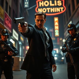 A tense scene depicting a man dressed in an elegant black suit, confidently wielding a handgun in a dramatic showdown with police officers
