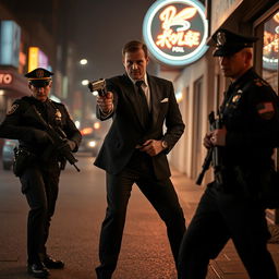 A tense scene depicting a man dressed in an elegant black suit, confidently wielding a handgun in a dramatic showdown with police officers