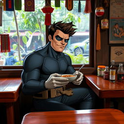 A superhero, styled as a classic Avenger, sitting comfortably in a small warung (local eatery) in Purwakarta, Indonesia