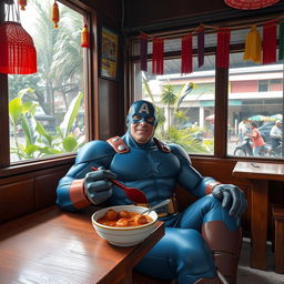 A superhero, styled as a classic Avenger, sitting comfortably in a small warung (local eatery) in Purwakarta, Indonesia