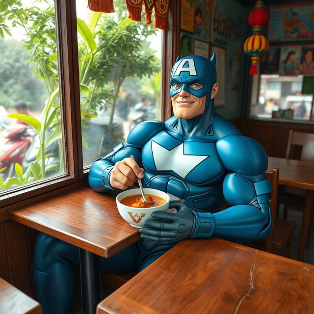 A superhero, styled as a classic Avenger, sitting comfortably in a small warung (local eatery) in Purwakarta, Indonesia