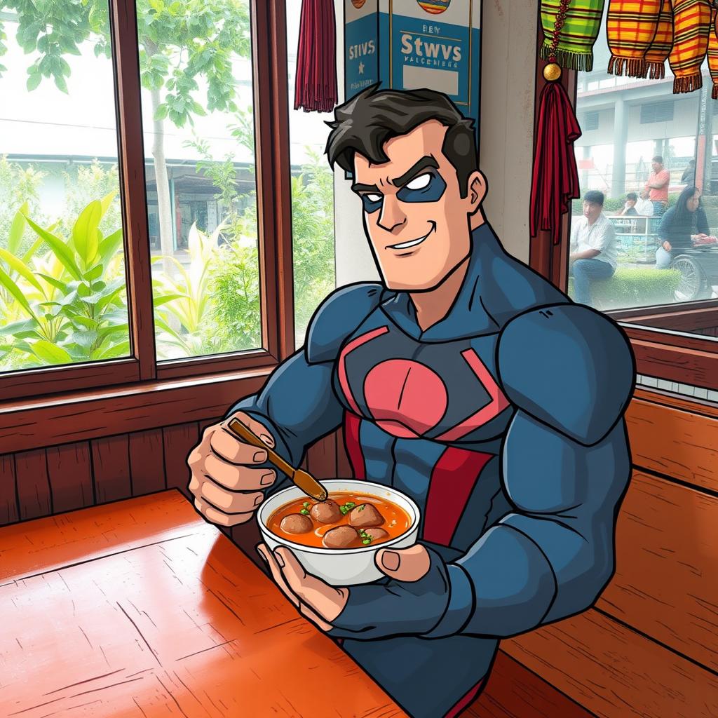 A superhero, styled as a classic Avenger, sitting comfortably in a small warung (local eatery) in Purwakarta, Indonesia