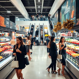 A modern, well-stocked supermarket interior filled with elegant shoppers
