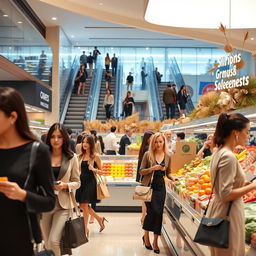 A modern, well-stocked supermarket interior filled with elegant shoppers