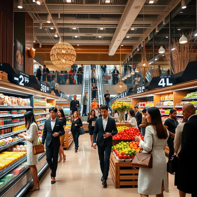 A modern, well-stocked supermarket interior filled with elegant shoppers