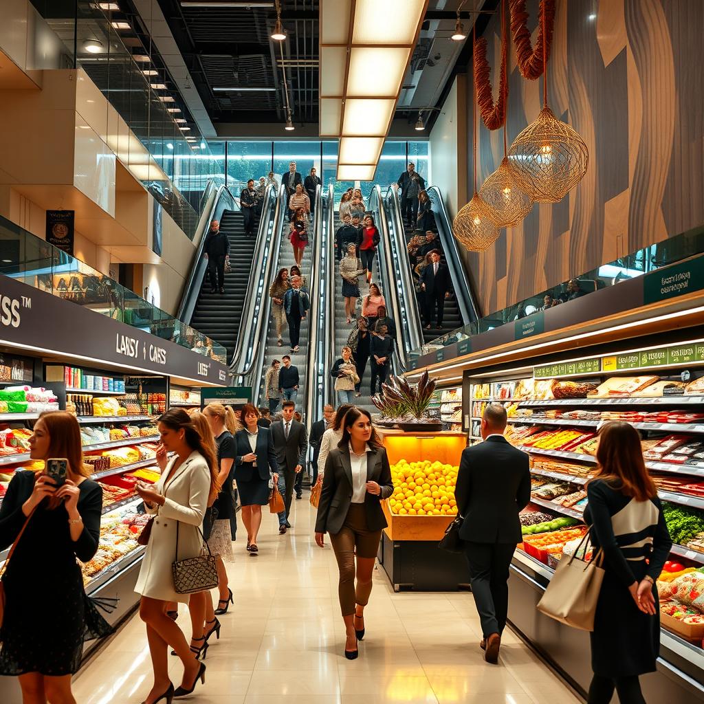 A modern, well-stocked supermarket interior filled with elegant shoppers