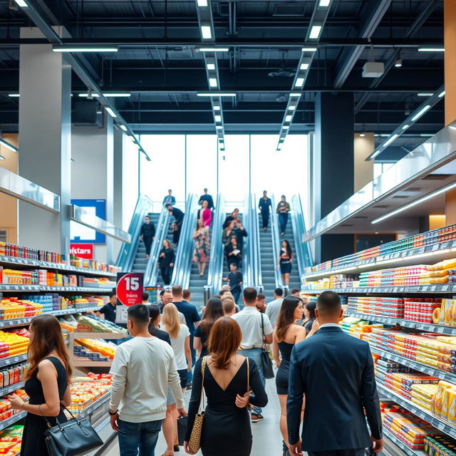 A modern and well-stocked supermarket interior, featuring elegantly dressed shoppers browsing the aisles