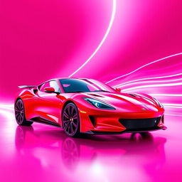 A sleek sports car in vibrant red color, positioned dynamically on a neon pink background