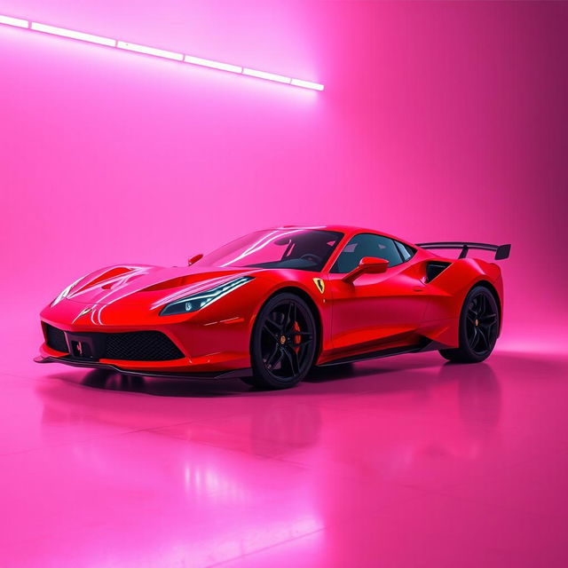 A sleek sports car in vibrant red color, positioned dynamically on a neon pink background