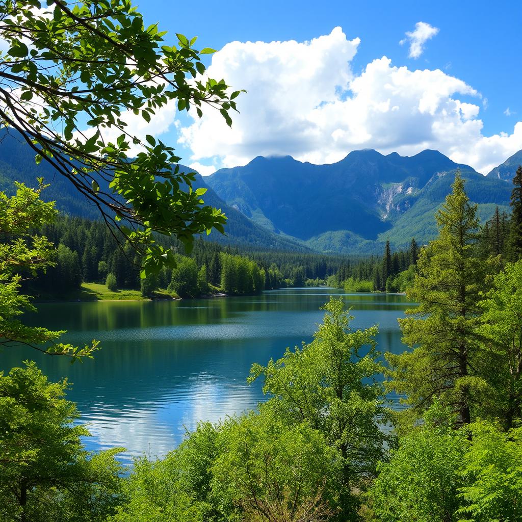 A serene natural landscape featuring a tranquil lake surrounded by lush green forests and majestic mountains in the background, with a clear blue sky and soft fluffy clouds above