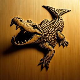 A detailed etching of a crocodile, showcasing its textured skin, sharp teeth, and powerful body