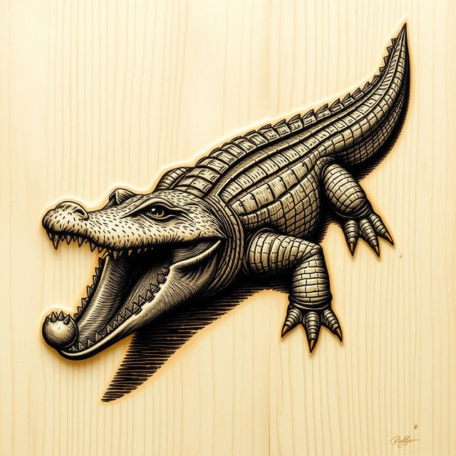 A detailed etching of a crocodile, showcasing its textured skin, sharp teeth, and powerful body