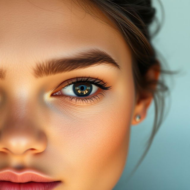 A close-up shot of a person's face with striking features, focusing on their captivating eye which is looking directly towards the viewer, showcasing a vibrant and engaging expression