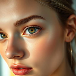 A close-up shot of a person's face with striking features, focusing on their captivating eye which is looking directly towards the viewer, showcasing a vibrant and engaging expression