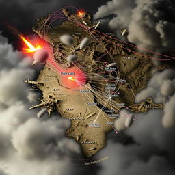 A dramatic and impactful scene depicting a map visualization of Iran's missile range targeting Israel, with an intricate background of geopolitical conflict
