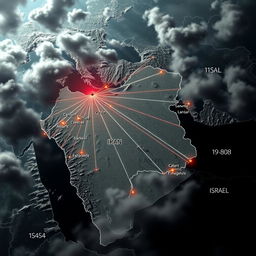 A dramatic and impactful scene depicting a map visualization of Iran's missile range targeting Israel, with an intricate background of geopolitical conflict