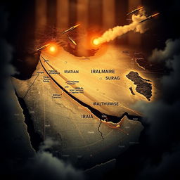 A dramatic and impactful scene depicting a map visualization of Iran's missile range targeting Israel, with an intricate background of geopolitical conflict