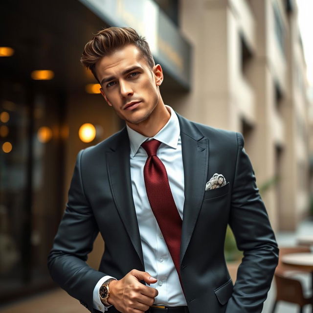 A stylishly dressed man in a sharp suit, elegantly fitted with a crisp white shirt and a striking tie, showcasing a confident pose