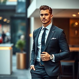 A stylishly dressed man in a sharp suit, elegantly fitted with a crisp white shirt and a striking tie, showcasing a confident pose