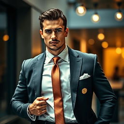 A stylishly dressed man in a sharp suit, elegantly fitted with a crisp white shirt and a striking tie, showcasing a confident pose