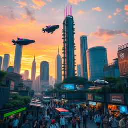 A vibrant, futuristic cityscape during sunset, showcasing towering skyscrapers adorned with lush greenery and neon lights