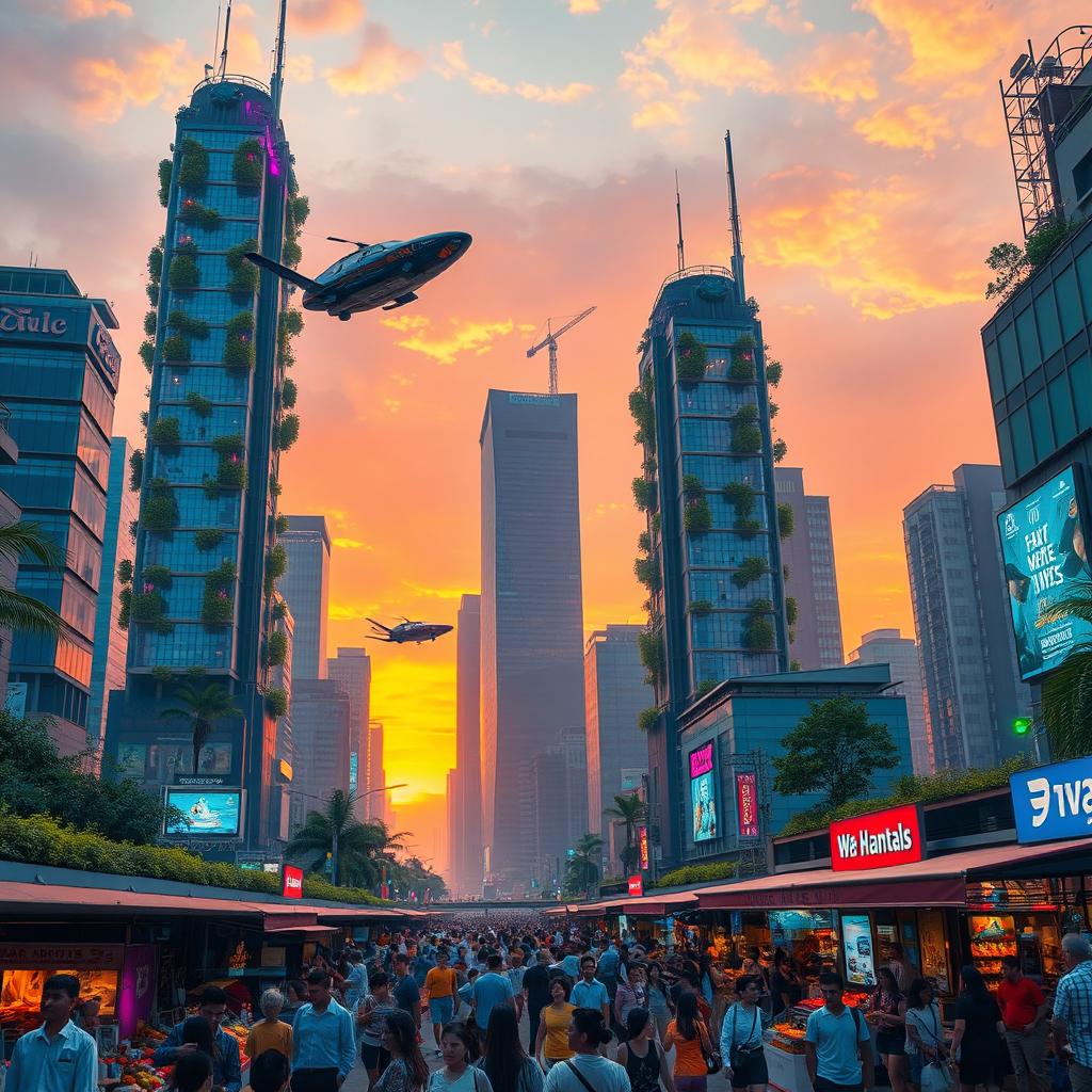 A vibrant, futuristic cityscape during sunset, showcasing towering skyscrapers adorned with lush greenery and neon lights