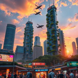 A vibrant, futuristic cityscape during sunset, showcasing towering skyscrapers adorned with lush greenery and neon lights